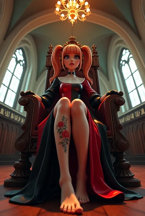 Harley quinn stands inside a church, barefoot, from below with fisheye effect, sitting on a throne, wearing a long black and red latex nun outfit, smoky eyes, copper hair, bangs, gloves, floral tattoo on her leg, nervous and happy expression, flash photogr...