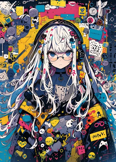 long hair 、Gray Hair、masterpiece、 best quality、 Very Beautiful 、 absurd、With bangs、Glasses、 yellow eyes、masterpiece, top-quality,  1 girl , Messy face　solo,  crop top, denim,  choker, (Doodle:1.5),  paint splashes ,  Arm Behind Back , Hitting the wall,  vi...