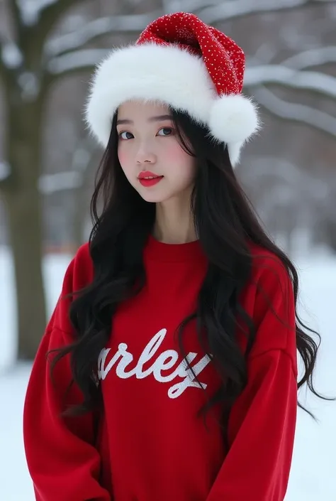 A beautiful 18-year-old korean girl is standing in a winter , wearing a silk royal red plain longnick sweater  with the name "Harley Quinn" written on the front.  Her long, wavy black hair falls beautifully, and she is adorned with a festive Christmas hat....