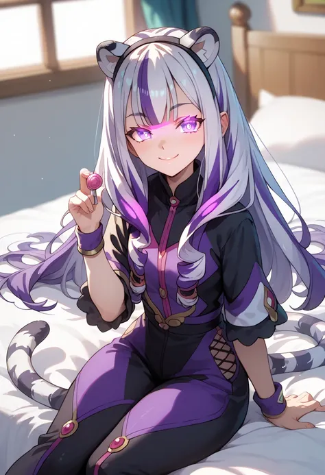 ((masterpiece)), 1girl, solo, long hair, white tiger ears, white tiger tail, open eyes, purple eyes, glowing eyes, sitting on bed, pokemon trainer outfit, purple outfit, black outfit, multicolored outfit, holding pills, manic smile. 