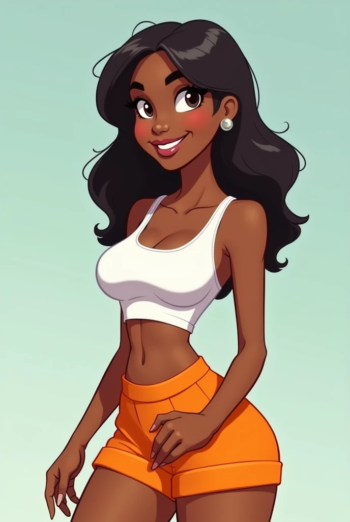 cartoon of a woman in a white tank top and orange shorts, upper body avatar, lola bunny fanart, digitally colored, toony, big breasts!, toon rendering, inspired by Tyler Edlin, toon aesthetic, she has olive brown skin, cartoon artstyle, official fanart, ca...