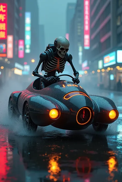 A skeletal rider inside a futuristic hovercar, with neon trails, a glowing skull dashboard, and holographic interfaces. The background can be a dark cyberpunk city with rain and flashing lights.