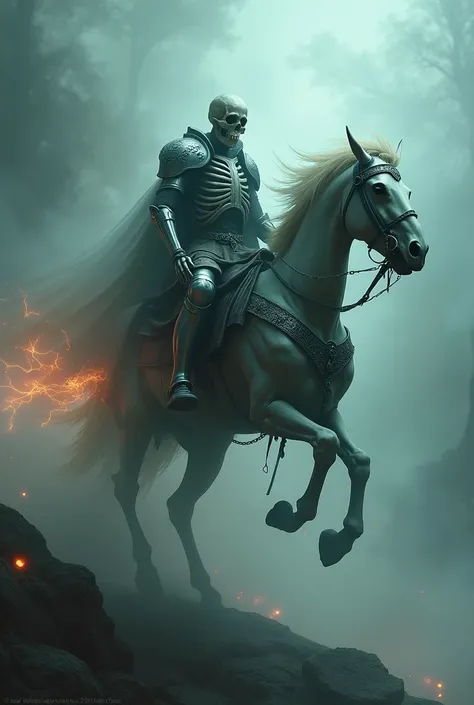 A skeletal knight commanding a floating chariot, surrounded by swirling fog and eerie lights, with the chariot made of metal and ethereal elements like fire or magic.