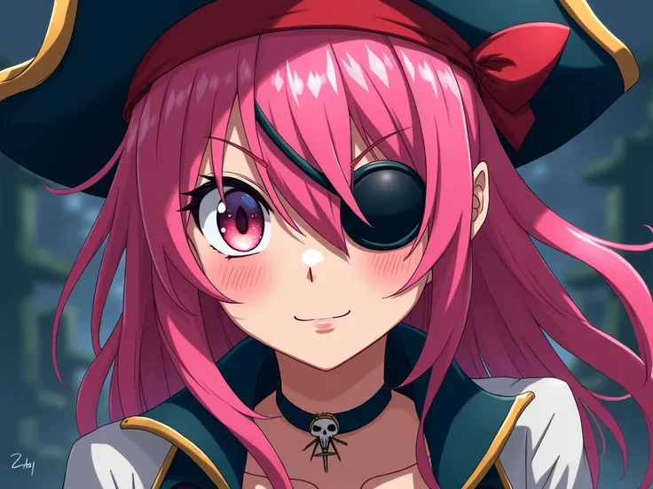  anime style,  1 girl , 🏴‍☠️、The bangs between pirate eyes ,  pink hair,  stick out of the screen, 