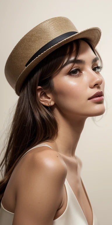  A thin line drawn continuously that takes the shape of the face of an elegant woman with a hat,  in a pose that shows her femininity and elegance with short neck and long hair ., loose and wavy, that extends out of the hat and falls over the shoulders 

