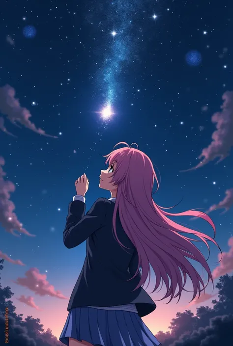 Anime drawings inspired by Makoto Shinkai, A girl throws a star into the dark sky, Shooting stars radiating from the night sky,pretty girl, , Long Hair, Disheveled Hair, Shiny Hair, listen to music, pink hair, school uniform