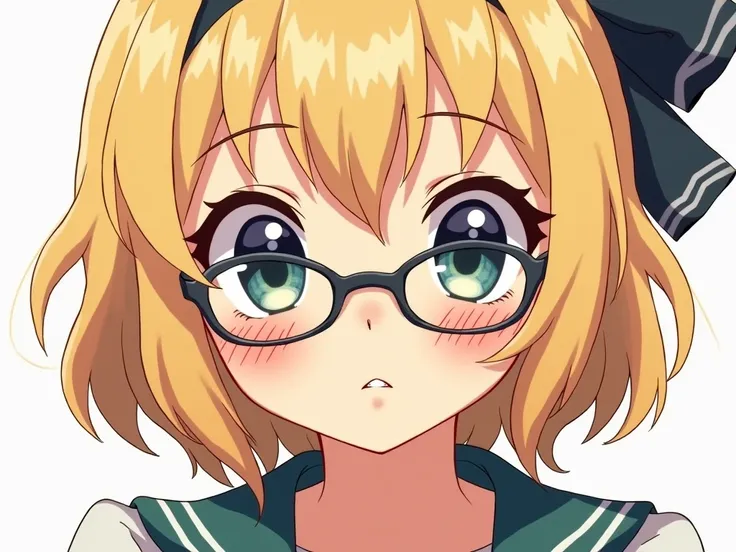  anime style,  1 girl , The bangs between pirate eyes , ,  sticks out of the screen , Blonde, Glasses