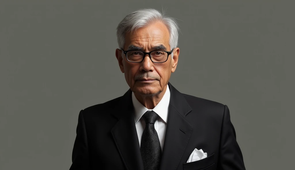 "Create a highly realistic and detailed portrait of an elderly Indian man with a commanding presence, dressed in a formal black suit with a white shirt and a patterned black tie. He wears glasses and has neatly combed silver hair, exuding an air of authori...