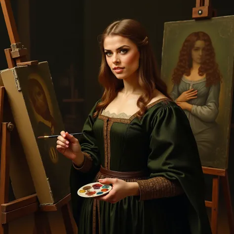 woman with light brown shoulder-length straight hair and a hairstyle from the 15th century, Size: 165cm, Weight: 58kg,  her face is a bit plump, she doesn&#39;t smile,  she is standing in front of an easel in the studio of Leonardo da Vinci in 1490, there ...