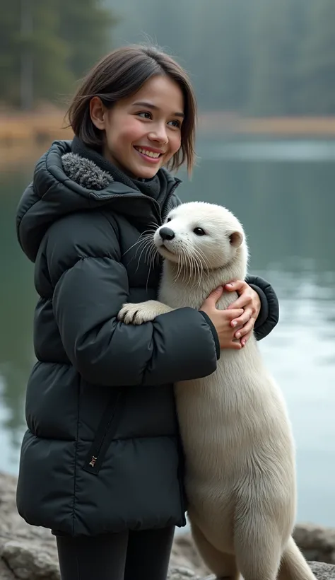 Photorealistic image of A American woman (Smily) in puffy black jacket is hugging a white Otter, which is standing on rock. Woman looked around. Full Body. 4k, 8k, Background is blurred Lake.