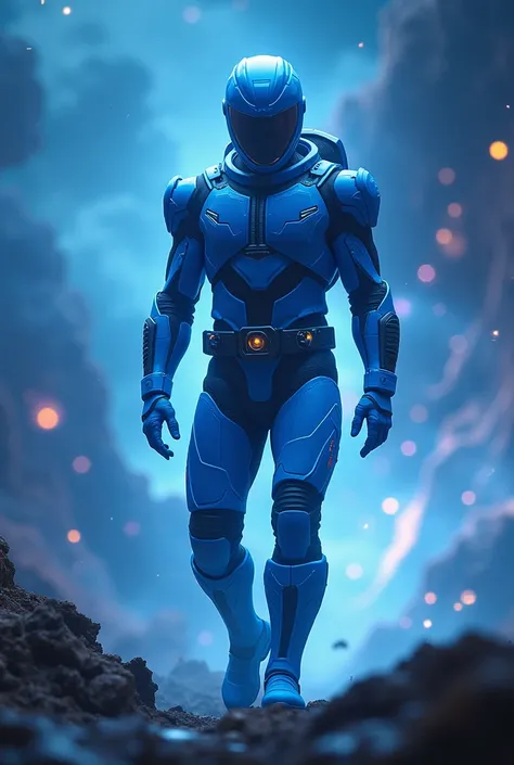 male space traveler having a full suit inspired from power rangers in a bluish add some dramatic mysterious effects in the background