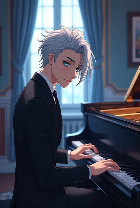  animation style ， Silver-white Fragmented Cap Hair, Silver-white eyebrows ， Blue eyes Denim eyes ，Smooth lower jaw line , Nose high Cheeks Full ，corners of mouth raised， Height 185cm Male ， Picture playing piano 