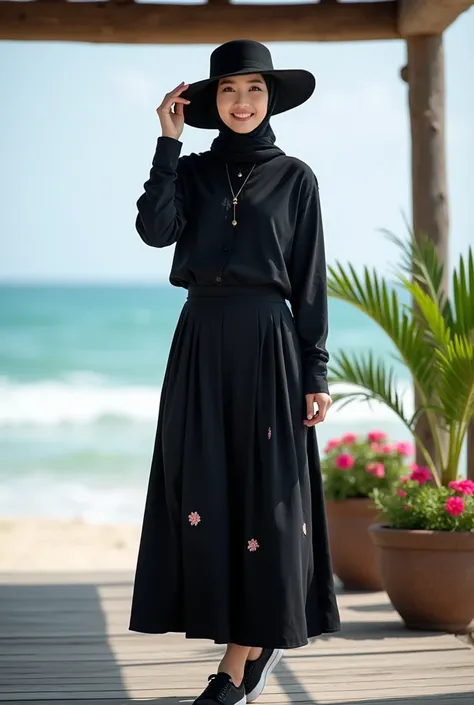  full body photography of a beautiful Korean woman with slightly chubby body ,wearing hijab shari black color small leaf print , clean white face,Big height little muscle , sweet smile ,wearing casual black muslim fashion small flowers motif, long pleated ...