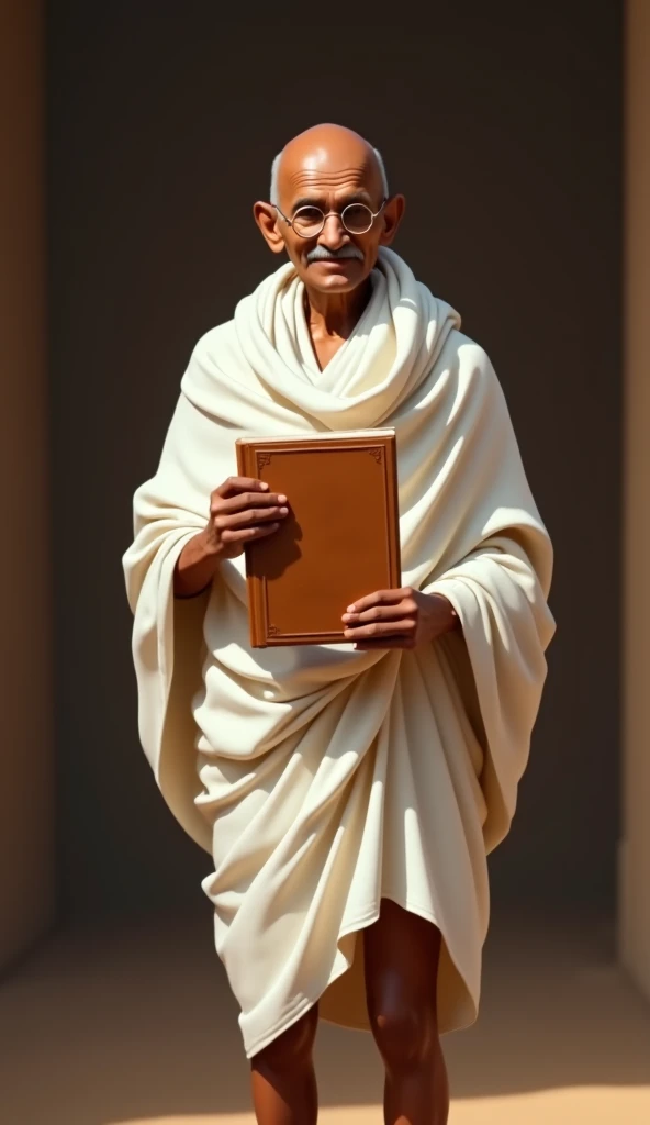 A semi-realistic digital smooth painting of full standing pose of Mahatma Gandhi depicted in a calm and composed front-facing pose. Gandhi is shown holding a closed book in his hand, slightly raised as if displaying it. The books front cover, warm brown wi...