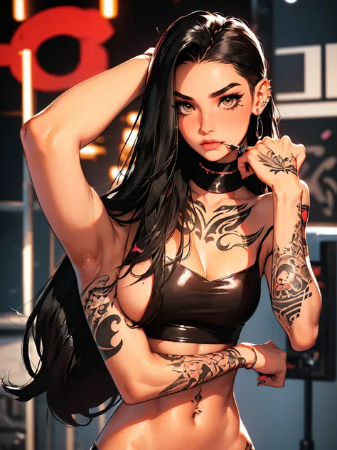 Teenage girl-model 1, beautiful, black hair, glossy hair, pretty eyes, beautiful figure, top quality, highest quality, pin-up style, (((e-girl,, tattoos all over skin, tattoos covering arms and hands,))), , ((mafia boss daughter)) , thong, skinny, slender ...