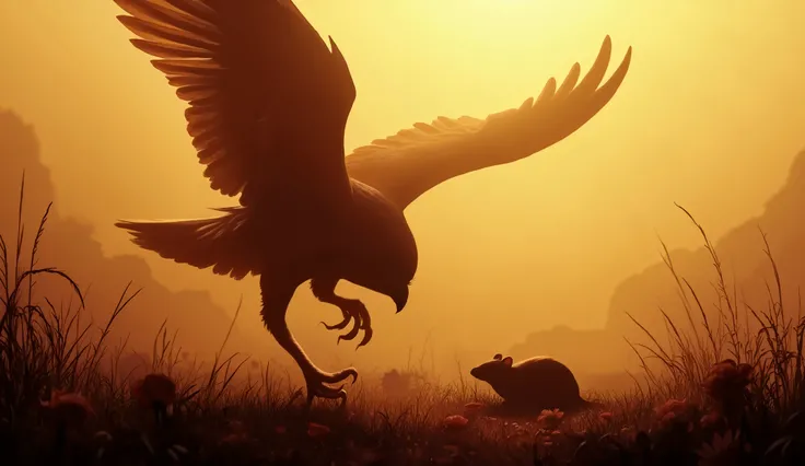 a silhouette of an owl hovering over mouse at dawn, sun rays, open field background, National Geographic photoshoot, silhouette artwork, hyp3rd3tail style