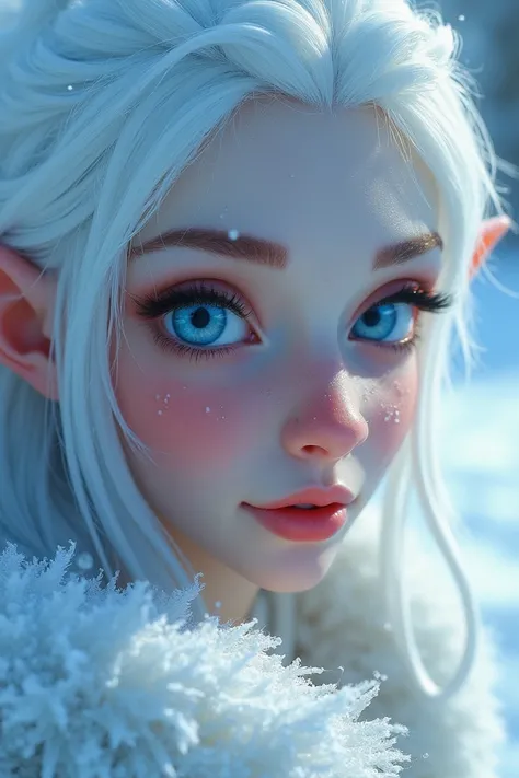 ((best quality)), ((masterpiece)), (detailed), perfect face, cartoon style,(((woman made of ice、beautiful、lots of ice crystals、blue eyes, snow:1.2)))、mature face、small nose、plump lips、white hair、nymph、winter:1.2、Natural light、(very detailed, intricate deta...