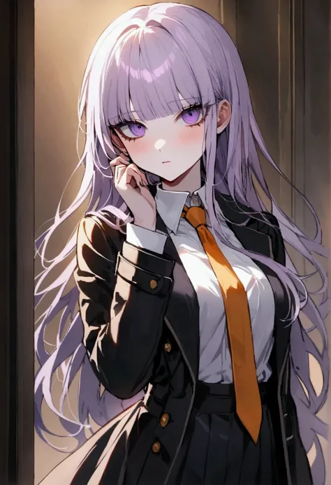 high definition ,  masterpieces ,  Anatomically Correct , Long hair, light purple hair, detective, White shirt, light orange tie, black leather coat, black leather glovesหุบปาก, thoughtful, The background is an anime detective office,  Anime Party Dress, B...