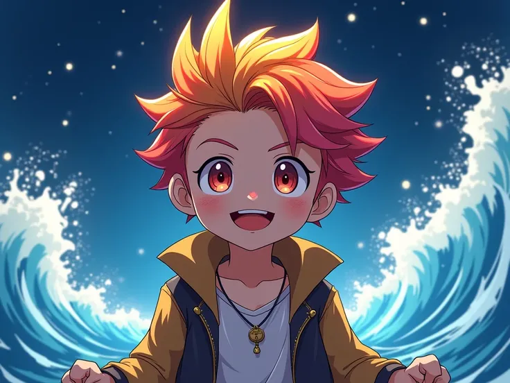  anime style,  1 boy, pirate、 colorful hair that warms, Ahoge, 🌊、🌟