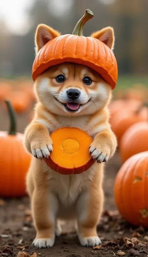 Realistic. Photorealistic. Image is vibrantly colored.
photo,Highly detailed

Cute Shiba Inu in a pumpkin costume.
The baby Shiba Inu is wearing a pumpkin helmet and the pumpkin is cut so that the baby Shiba Inus face is visible.
The baby Shiba Inu has his...