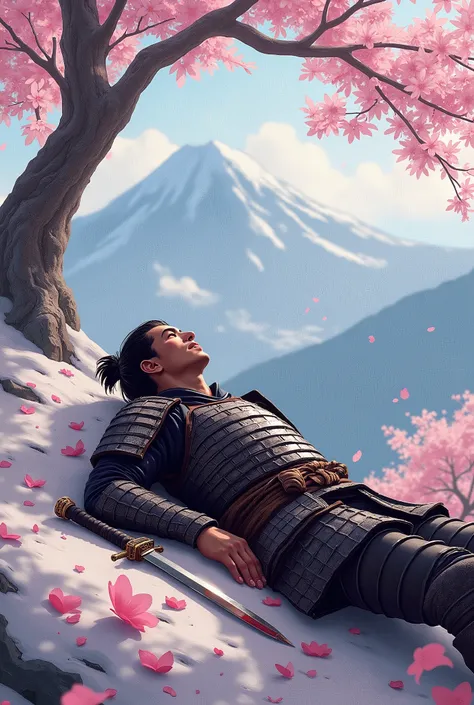 A wounded samufqi lay on mauntain with pink trees