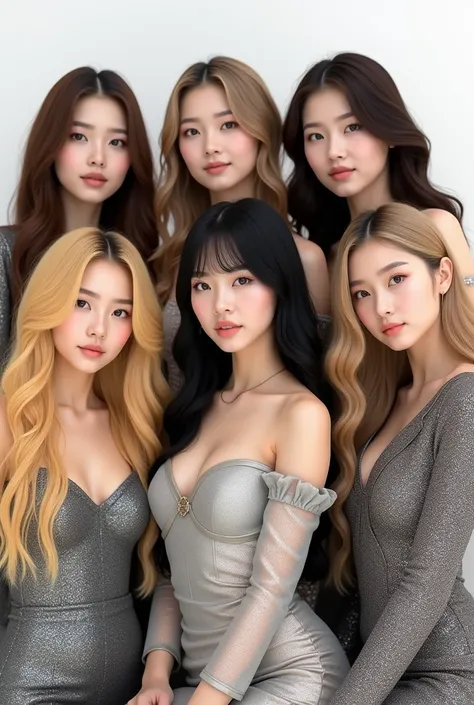 One members hair is wavy long brown and another members hair is medium-sized bangs black haired. Another members hair is yellow long and straight in concepts gray and white so the background is white they wear shiny gray long-haired blonde hair gray shiny ...