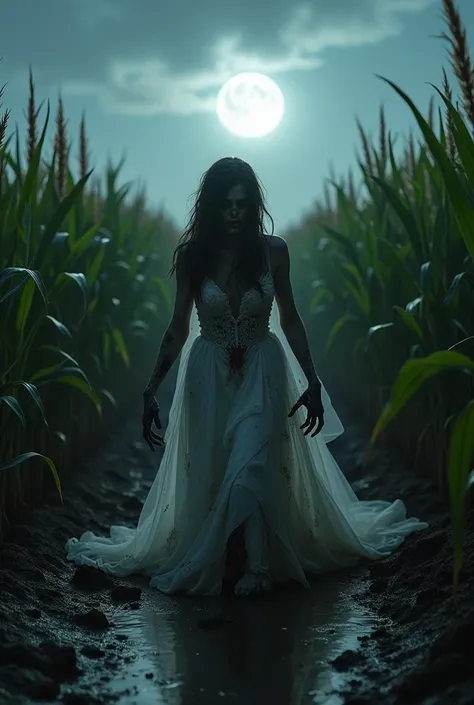  zombie coming out of the ground ,  Shes crawling on the floor,  Shes covered in mud , shes in a cornfield ,  shes dressed for marriage ,  its nighttime and the moon is shining 