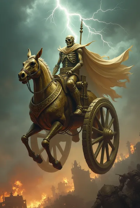 A skeletal warrior on a golden, flying chariot that’s equipped with energy cannons, soaring over a stormy battlefield with lightning striking around it.