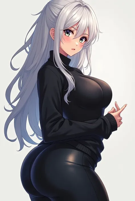 Young Hot busty anime girl with big eyes and small mouth ,really big boobs, white and silver hair, tight black sweater tucked into tight black leather pants and wide hips, thick thighs and a big butt