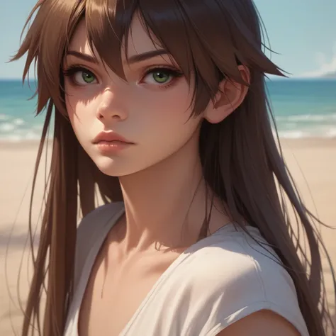 1girl, tomboy girl, young, adult, at the beach, brown hair, green eyes, lips, Solo, Long Hair, straight hair, loose hair, High Resolution, (portrait)+