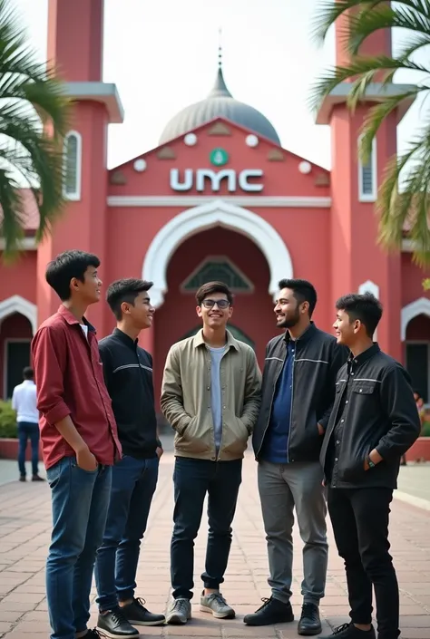 Photo of 5 Muhammadiyah cirebon university students who are male prayer dzuhur .  using the red colored alma mater and umc writing its sick like a dizzy old college student who is hanging out laughing together in front of the umc mosque casually not prayin...