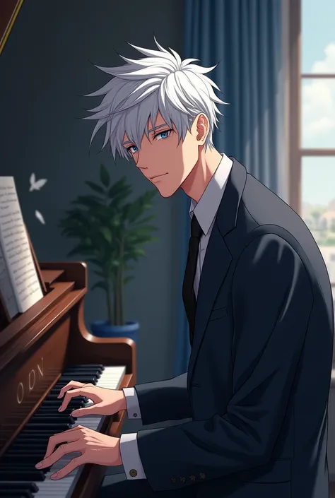  animation style ， Silver-white Fragmented Cap Hair, Silver-white eyebrows ， Blue eyes Denim eyes ，Smooth lower jaw line , Nose high Cheeks Full ，corners of mouth raised， Height 185cm Male ， Picture playing piano 