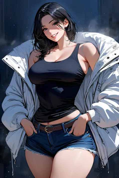 (masterpiece, best quality:1.2), 1 girl, alone, solo, baggy jacket, tank top, cut jean shorts, mature woman, sexy, alluring, lust, smile