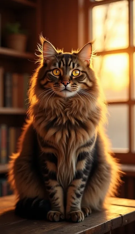 A majestic Maine Coon sitting on a rustic wooden table in a cozy cabin, bathed in the warm glow of a setting sun streaming through the window. The cat’s thick, flowing fur is detailed with every strand visible, its piercing yellow eyes reflecting the golde...