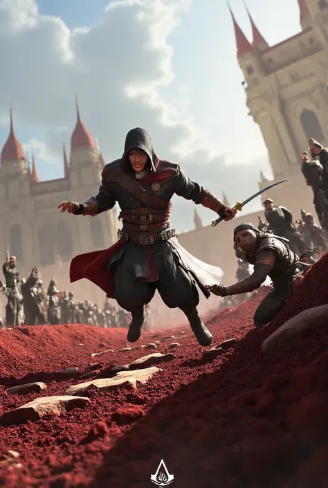  I want a photorealistic 3d image ,  based on the video game Assassins Creed Unity , we are in a large place full of enemies ,  with bloody rocky soil and luxurious buildings around ,  arno is caught in the air in an aggressive pose attacking with the inte...