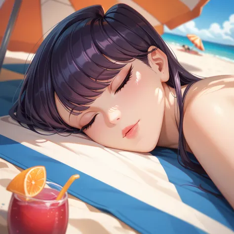 Komi from Komi cant communicate, laying on a beach towel, on the beach, close up, asleep, relaxing, under a beach umbrella, face close up, head close up, extreme close up