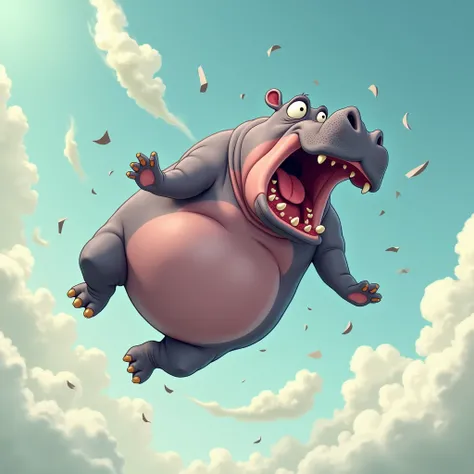 a hippo  falling from the sky, panicking