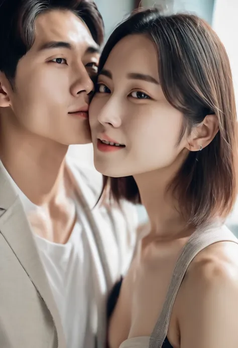 A young Korean male couple aged 25 years and a Korean girl with a nice body with big round breasts, light skin, are having intimate sex and kissing romantic lips.