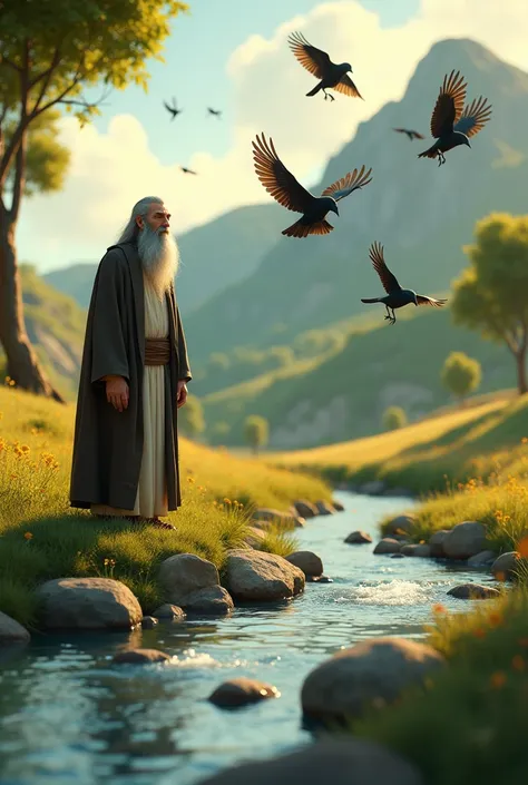 image in disney pixar style , The prophet Elijah beside a stream being fed by crows
