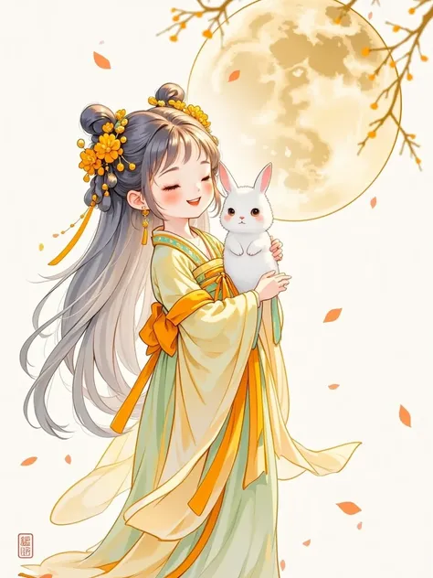 Large area ink wash, oriental ink painting, ink splashing, Chinese style illustration, ink, freehand brushwork, smudging, mist, dense fog, fluid, 1girl, cute, long silver hair, wearing orange-yellow flower ornaments, dressed in light yellow Hanfu, holding ...