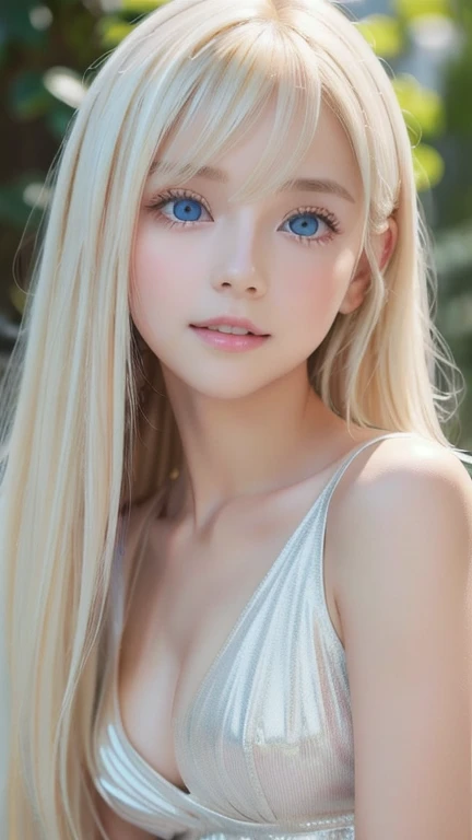  extraordinary sexy beauty、 Beautiful calm and bright expression 、 sexy and fresh look 、 perfect beautiful cute face with long bangs hanging over a beautiful face、 super long shiny platinum blonde silky straight hair 、beautiful platinum blonde 、 very brigh...