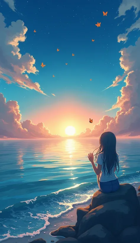 Mermaid Shadow、　Genuineistic、Genuineistic、Genuine、The main event is the sunrise.、Small aircraft、Small butterfly、Starry sky and sunrise、coastline、A fantastic butterfly、The image shows a little mermaid,Anime-style digital painting of a horizon landscape, won...