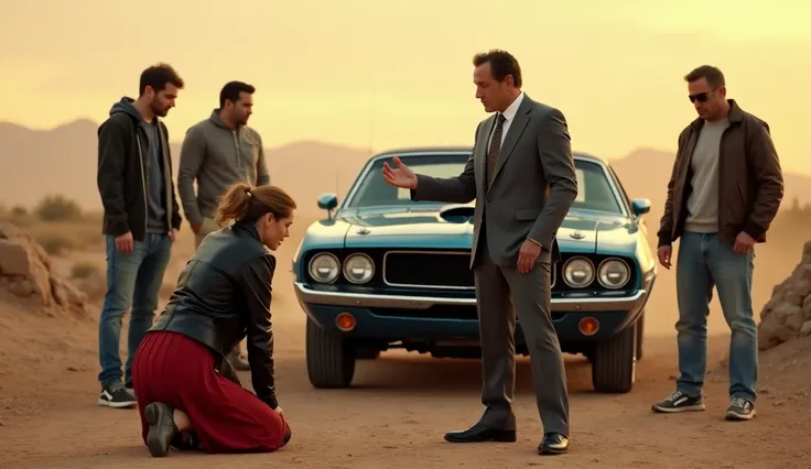 "A dramatic desert scene set during a late afternoon with a warm, orange sky in the background. A group of people is gathered near a vintage blue muscle car with its trunk open. A woman in a black leather jacket and red skirt kneels on the ground, her head...