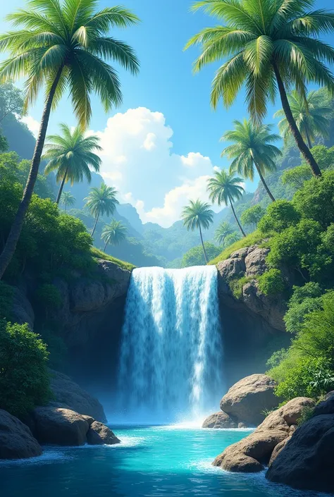  Neager blue waterfall, green landscape , palm trees, Sun. blue sky. 