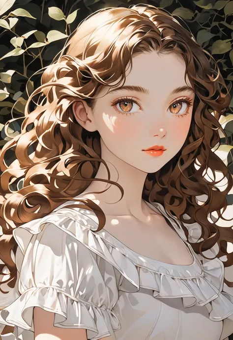 A young woman with dark blond hair, long and wavy,  with curls at the ends that ,  when illuminated by the sun ,  they take on a golden and slightly red tone .  Her eyes are dark brown and her face has delicate features,  with slightly pink cheeks and thin...