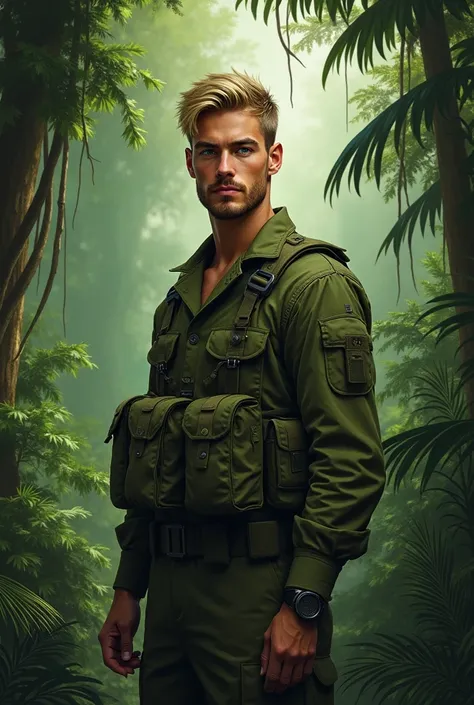 1 Male, 20 years old, wearing olive green fatigues. green eyes, short blonde hair, van dyke facial hair. Soldier. Forest backdrop.