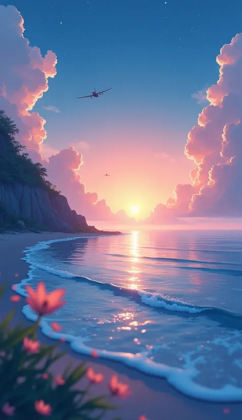 A stunning anime-style digital painting of a serene coastline at sunrise. The horizon glows with soft and warm tones of blue and orange, creating a harmonious and atmospheric scene. The sunrise, viewed from a low angle, bathes the landscape in gentle light...