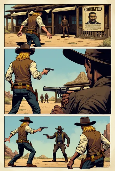 Make me a page of comics of a cowboy with short blond hair, a gold gun in his belt pocket, he has a white shirt, a scarf, a man on the flint, a brown vest, and hes sitting at a bar drinking beer, at this bar, one frame, two frames, something coming behind ...