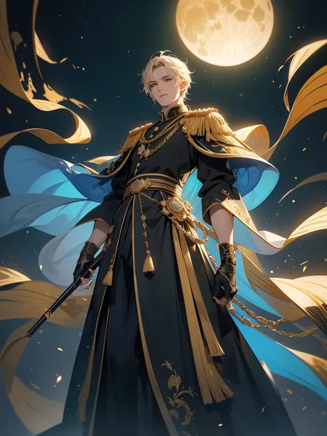  perfect composition on the board。 Angle from Below 。 portrait of a king looking at the moon from an old castle balcony 。25-year-old adult male 。Cool and sharp impression。Short golden hair。 green eyes。 black and gold clothes like luxurious military uniform...