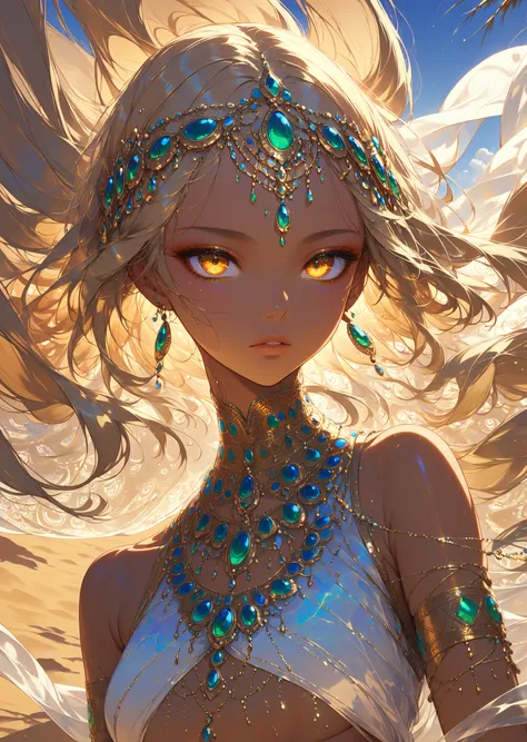  Masterpiece, high quality, high resolution, 16K, ultra detailed background, Makoto Shinkai illustration, ultra realistic, digital painting, fantasy, desert girl, short blonde hair, tanned brown skin, amber eyes, sand swirling patterns in eyes, long eyelas...